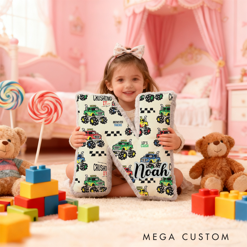 Personalized Monster Truck Vehicle Themed Alphabet Pillow with Custom Name Gift for Kids