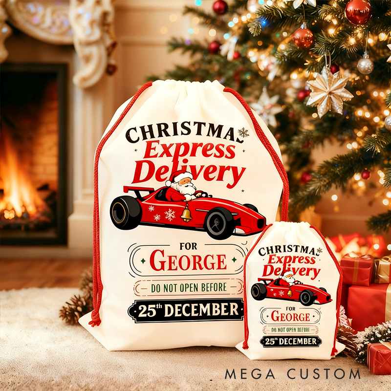Personalized Christmas Sack Santa Driving Racing Car Custom Name Gift Bag for Racers and Race Lovers