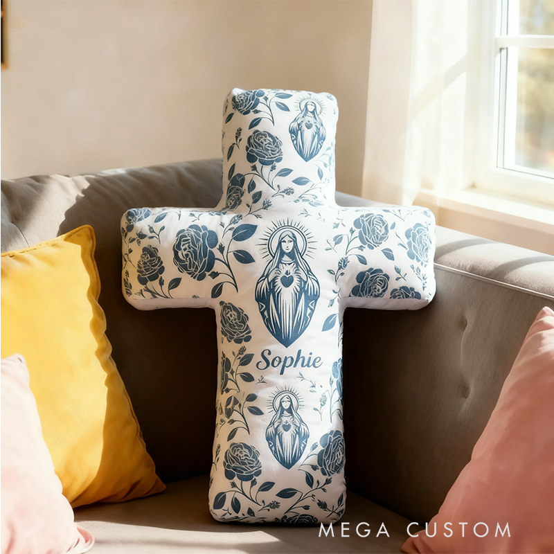 Personalized Virgin Mary Cross Pillow with Custom Name Home Decor Faith Pillow Religious Gift Catholic Gift for Women