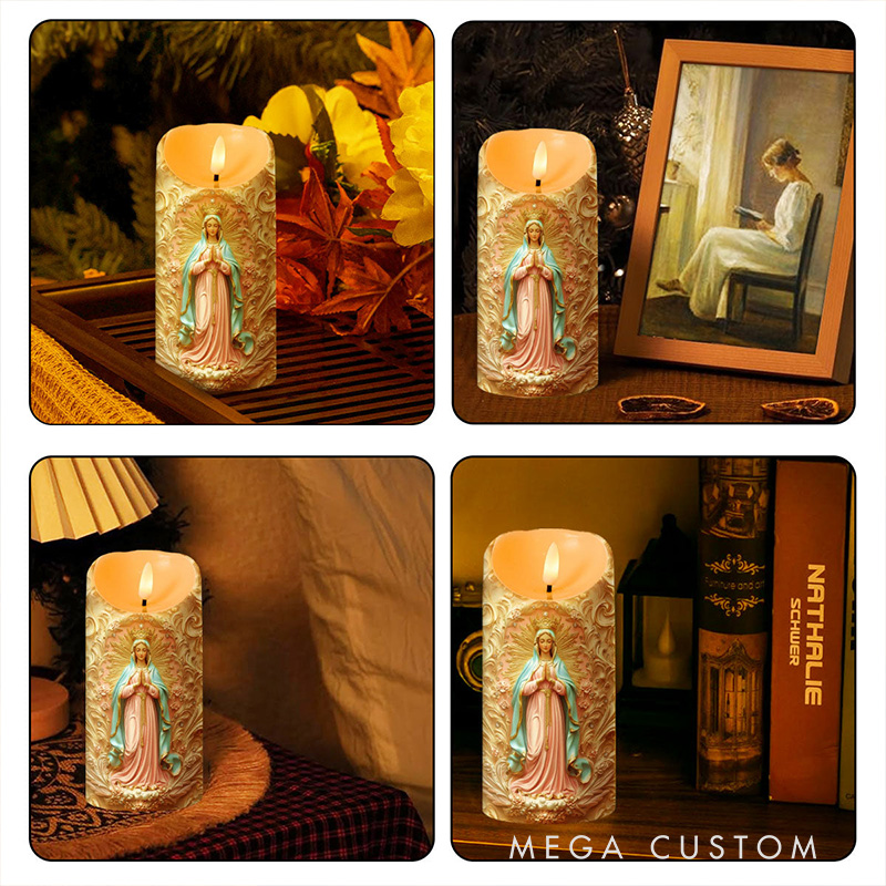 Personalized Golden Grace Virgin Mary LED Candle with Name Religious Gift Home Decor Catholic Gift for Women 