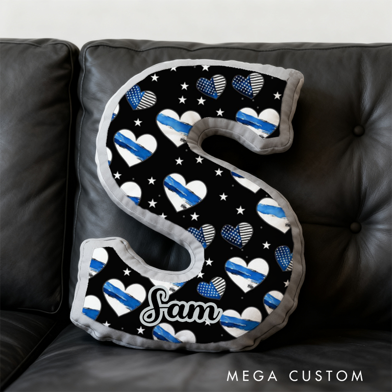 Personalized Letter Shaped Back the Blue Pillow with Heart and Star Design Custom Name Gift for Kids