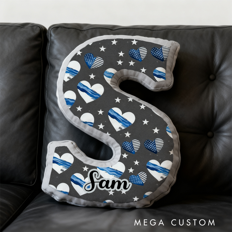 Personalized Letter Shaped Blue Line Pillow with Heart and Star Design Custom Name Gift for Kids
