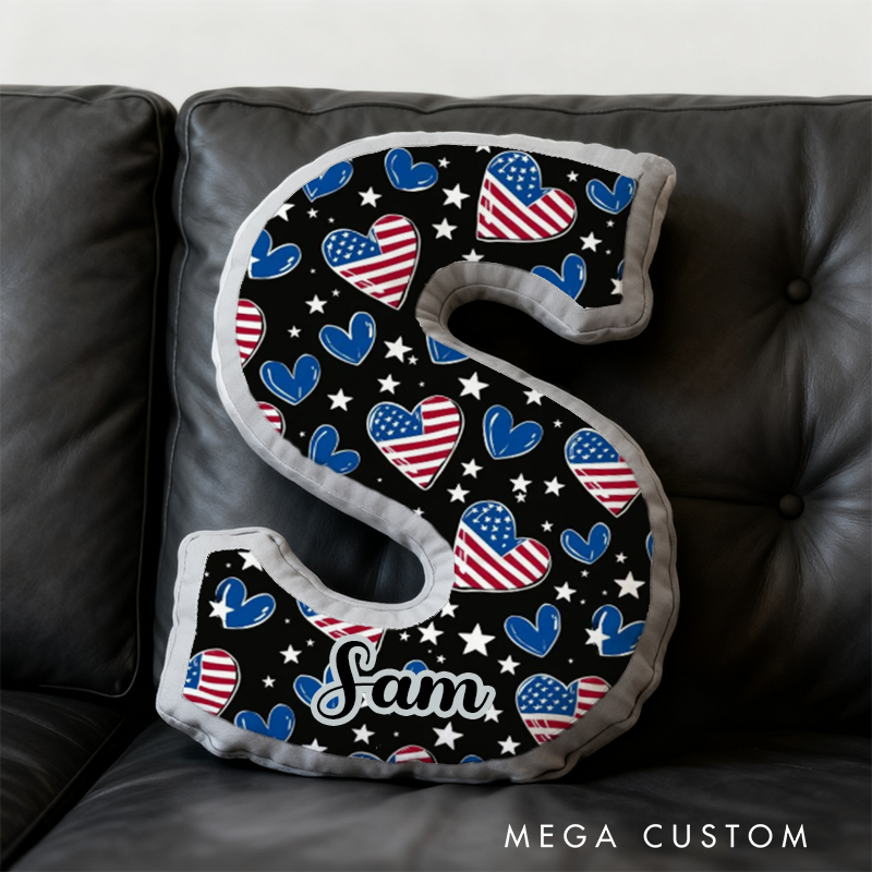 Personalized Letter Shaped Pillow with American Flag Heart Design Custom Name Gift for Police Kids