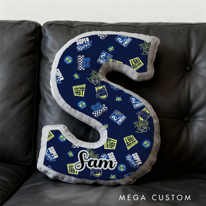 Personalized Letter Shaped Pillow with Racing Theme Design Custom Name Gift for Vehicle Fans