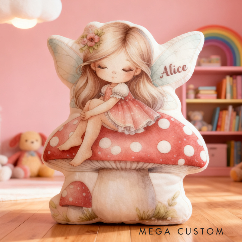 Personalized Fairy Girl Custom Name Soft Decorative Gift Magical Fantasy Style Cozy Nursery Sweet Mushroom Dream Lovely Wings Enchanted Forest Graphic 3D Print Pillow