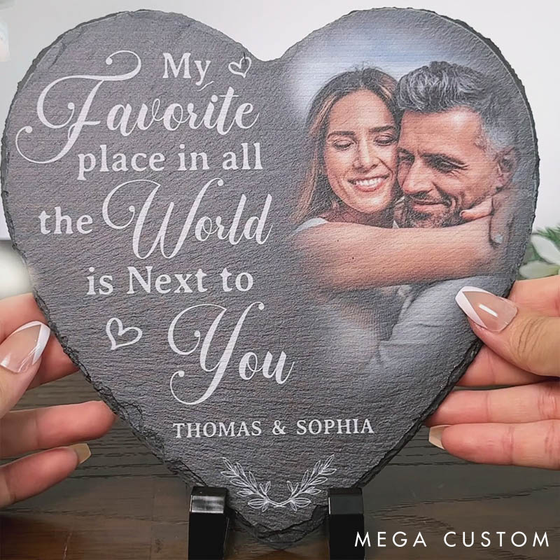 Personalized Couple Photo My Favorite Place In All The World Is Next To You Heart Shaped Stone With Stand First Christmas Gift Valentine's Day Gift