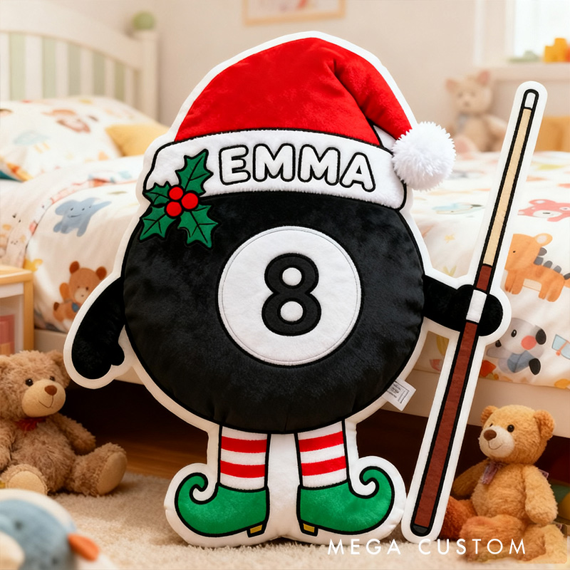 Personalized Christmas Pool Ball Pillow with Custom Name and Festive Design for Pool Lovers 