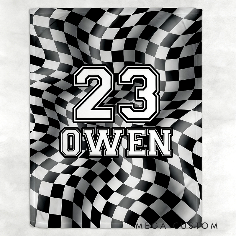 Custom Racing Checkered Flag Blanket Personalized Name and Number Sport Throw Blanket Gift for Racers and Motorsport Fans