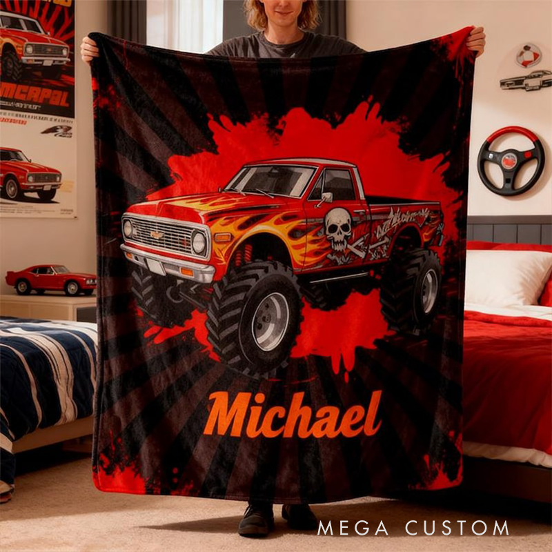 Personalized Monster Truck Blanket Custom Name Off Road Racing Throw Blanket for Racers and Racing Lovers