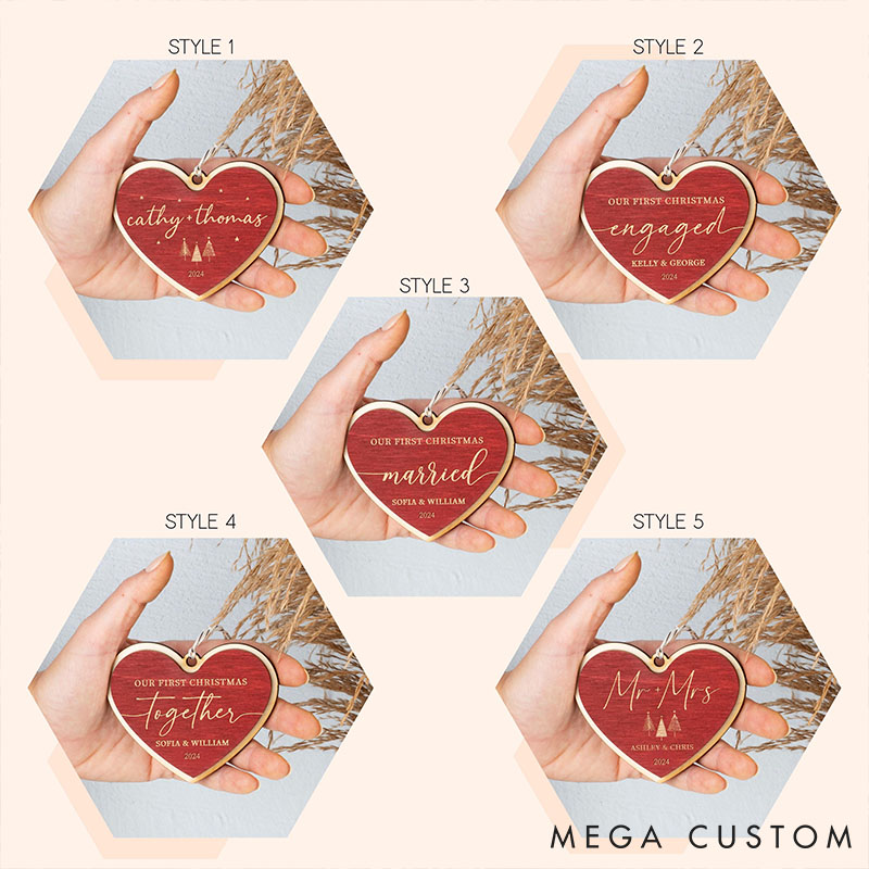 Personalized Couple Our First Christmas Married Wood Hear Shaped Christmas Ornament Custom Mr and Mrs Wedding Engagement Xmas Ornament for Him Her