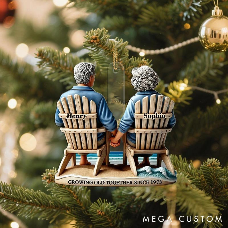 Personalized Growing Old Together Couple Ornament 2D Flag Watching Sea Waves Chrismas Decoration Gift for Husband Wife Gift for Couple