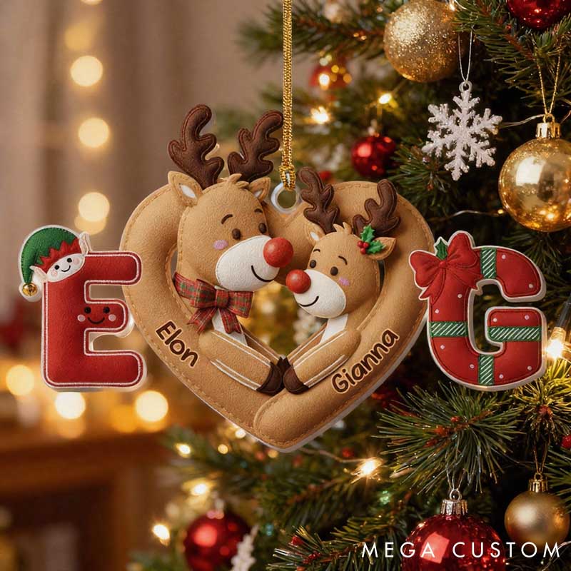 Personalized Couple Faux Fabric Reindeer 2D Flat Printed Acrylic Christmas Ornament Custom Newlywed Name Heart Xmas Ornament Our First Christmas Gift