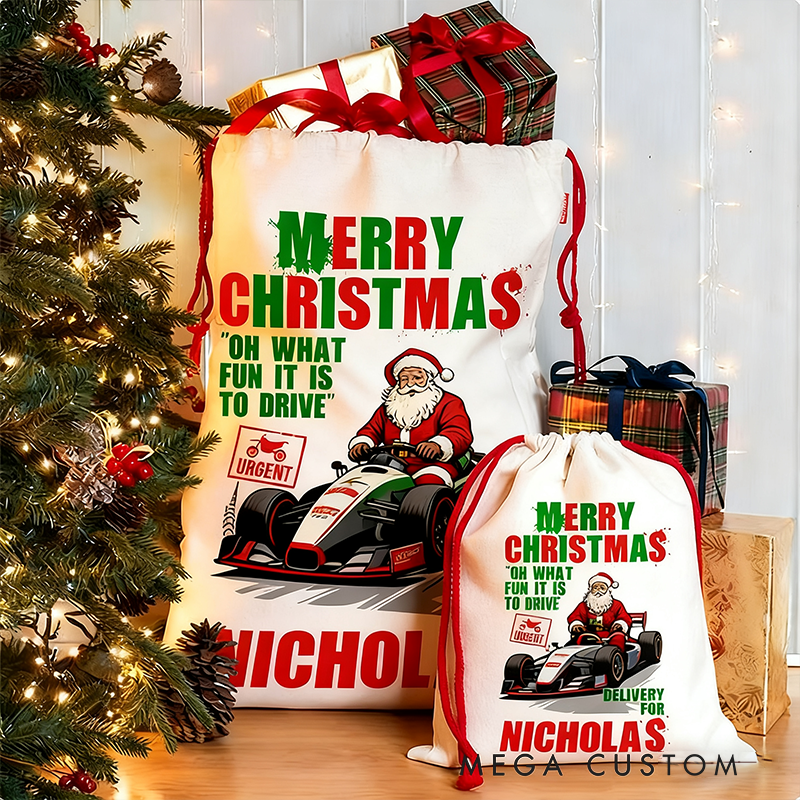 Personalized Racing Santa Christmas Gift Bag Custom Name Santa Sack Holiday Decoration for Racers and Racing Lovers