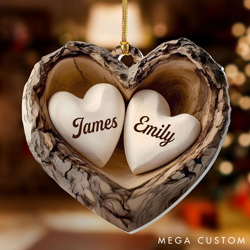 Personalized Rustic Couple Heart Ornament Custom 5 Years Anniversary Gift Ornament 2D Flat Acrylic Two Hearts Christmas Keepsake for Couple 