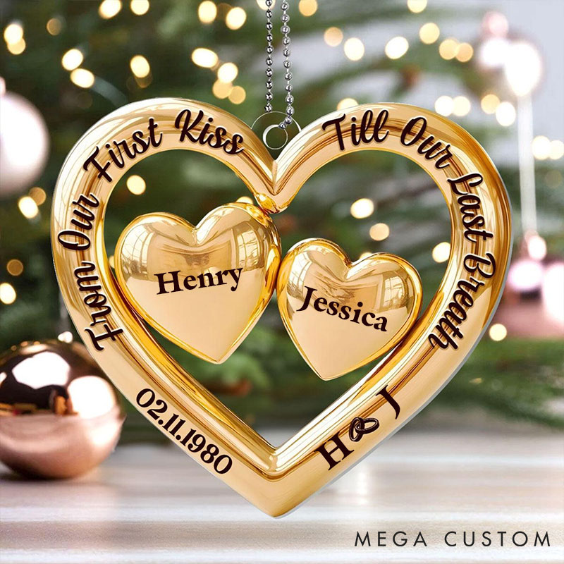 Personalized Couple Heart Ornament Custom Xmas Golden Heart Keepsake Couple Anniversary Heart Ornament 2D Flat Ornament for Husband Wife