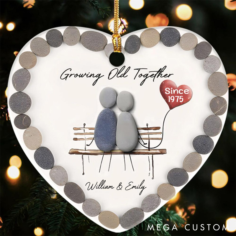 Personalized Growing Old Together Heart Ornament Couple Pebble Art Keepsake 2D Flat Anniversary Gift for Husband Wife Couple Christmas Gift