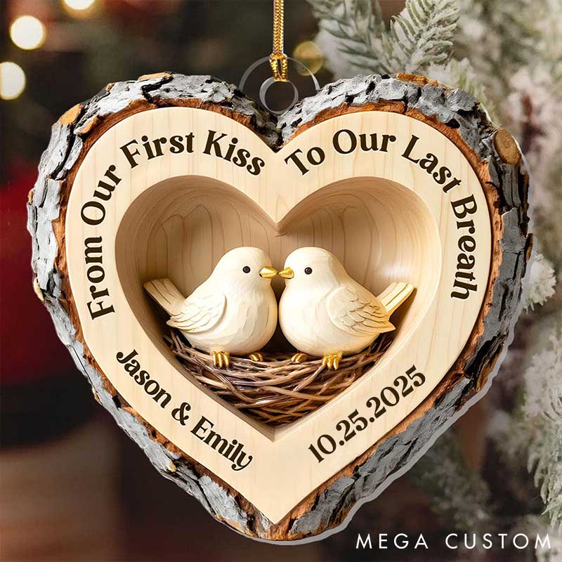 Personalized Couple Faux Wood Love Birds Acrylic Christmas Ornament 2D Flat Printed First Kiss To Last Breath Ornament Anniversary Christmas Gift