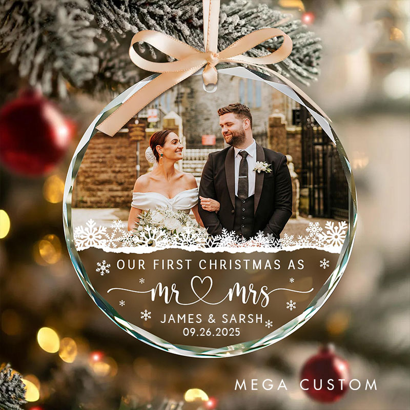 Personalized Couple Wedding Photo Glass Ornament Custom First Christmas Married Glass Ornament Our First Christmas Gift Engagement Gift for Newlyweds