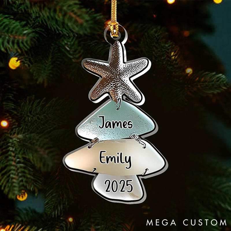 Personalized Couple Sea Glass Tree Acrylic Christmas Ornament Custom Beach Christmas Keepsake 2D Flat Printed Ornament Starfish Christmas Gift