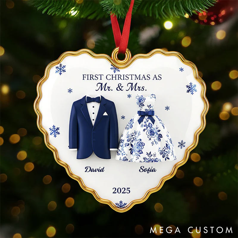 Personalized Frist Christmas As Mr Mrs Couple Ornament 2D Flag Heart Shaped Ornament Chrismas Decoration Gift for Newlyweds Gift for Couple