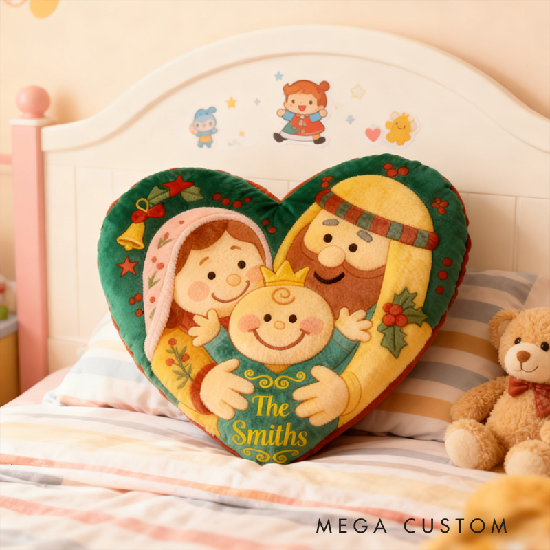 Personalized Nativity Scene Heart Pillow with Family Name Home Decor Graphic 3D Print Pillow Religious Gift for Christians