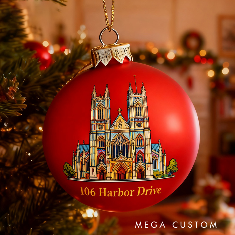 Personalized Christmas Ball Ornament Custom Address Holiday Decoration Christmas Tree Bauble with Detailed Architecture Design Keepsake for Home Decor