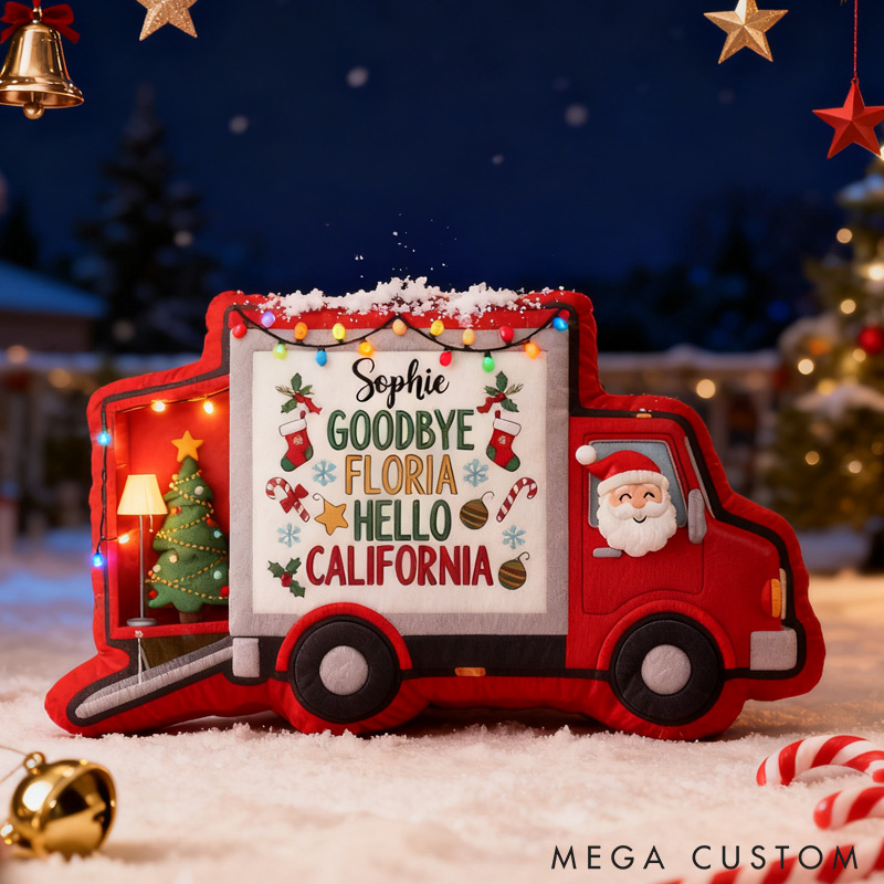 Personalized Moving Truck Pillow Custom Holiday Decoration with Names and Locations Keepsake for New Beginnings and Home Decor Christmas Gifts