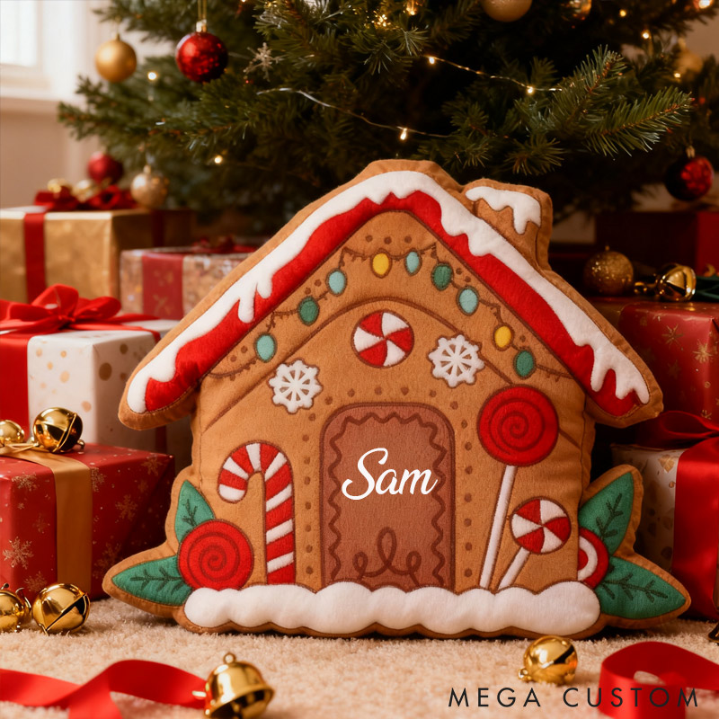 Personalized Gingerbread House Pillow Custom Holiday Decoration with Name Festive Christmas Design Cozy Keepsake Cushion for Seasonal Home Decor
