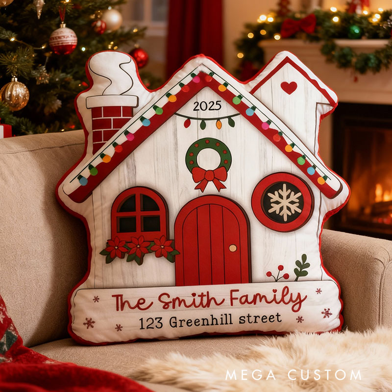 Personalized House Pillow Custom Family Name Holiday Decoration with Address Festive Christmas Cushion Cozy Keepsake for Home Decor Christmas Gifts