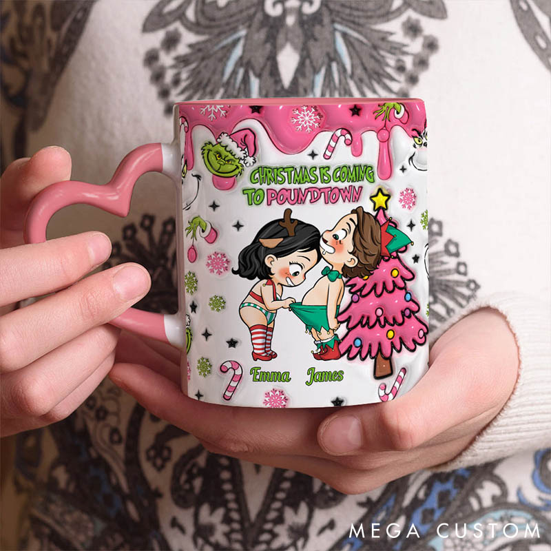 Personalized Couple Christmas Is Coming Ceramic Mug Custom Cute Couple Sex Heart Handle Mug Christmas Gift for Him Her Boyfriend Girlfriend