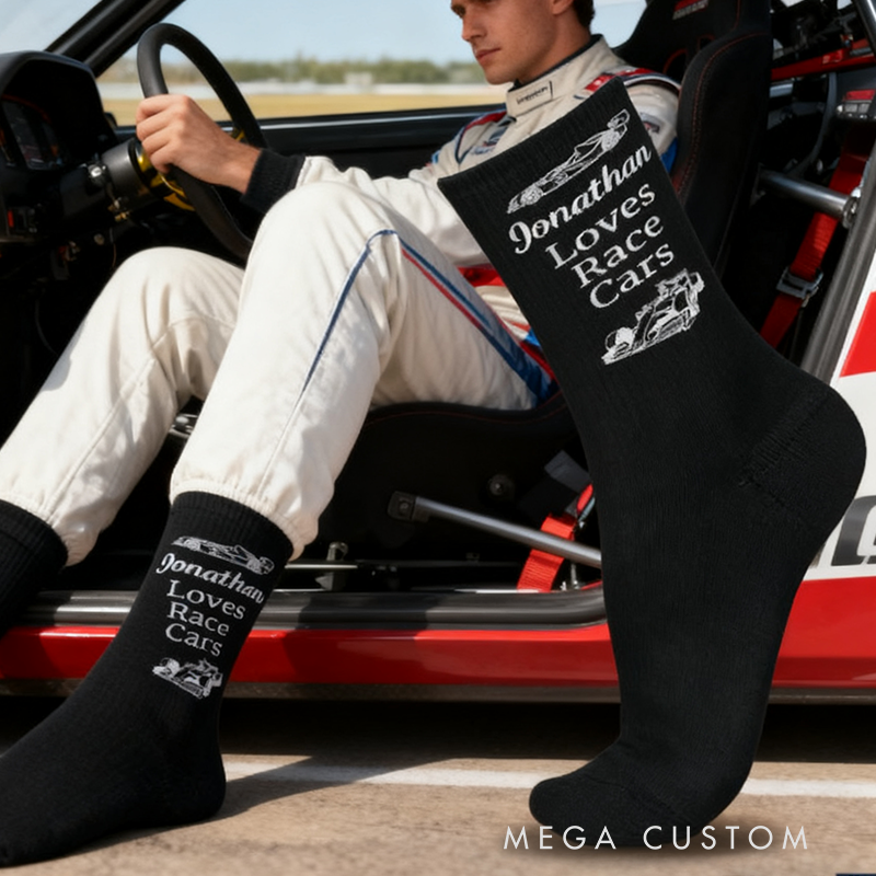 Personalized Race Car Socks Custom Name Socks for Drivers Car Lovers and Racing Fans
