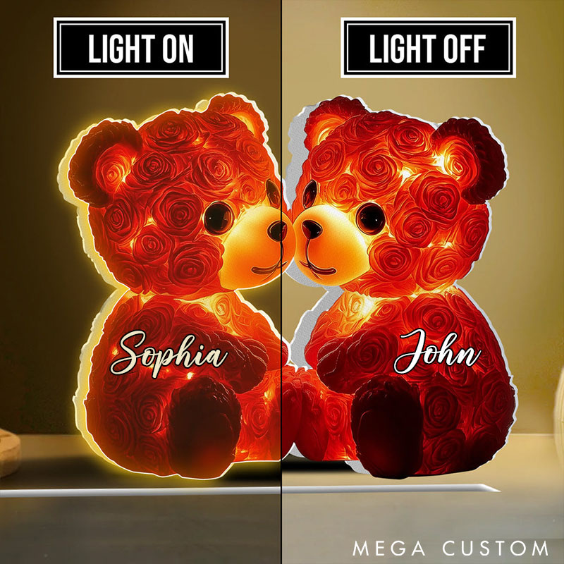 Personalized Cute Red Roses Bear Couple Shaped Light Box Couple Holiday Date Night Light Valentine's Day Gift for Couple