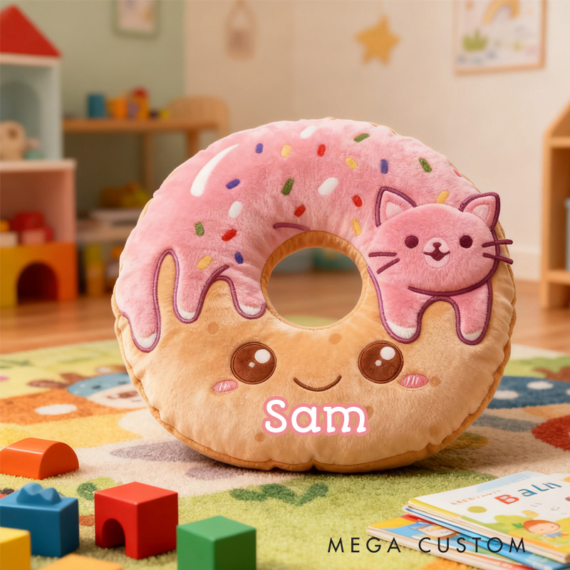 Personalized Pink Donut Throw Pillow Graphic 3D Print Donut and Cat Pillow with Name for Kids Grilfriend Baker Gift 