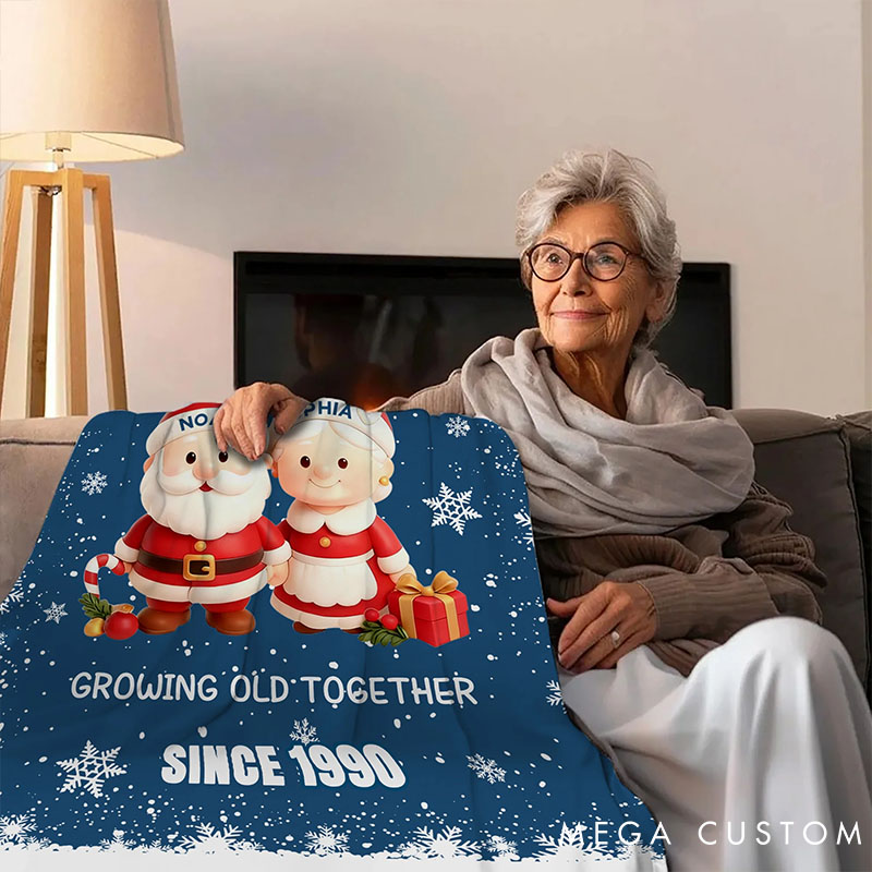 Personalized Christmas Couple Growing Old Together Soft Throw Blanket with Name Text and Year Home Decor Christmas Gift for Couple