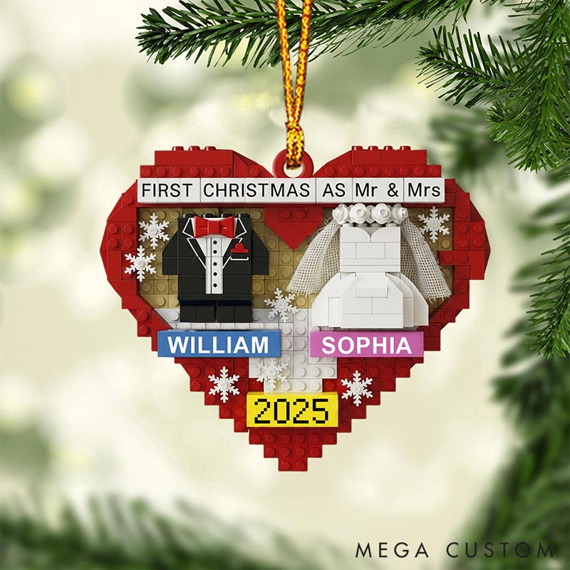 Personalized Frist Christmas As Mr Mrs Couple Ornament 2D Flag Brick-style Heart Shaped Chrismas Decoration Gift for Newlyweds Gift for Wife Husband