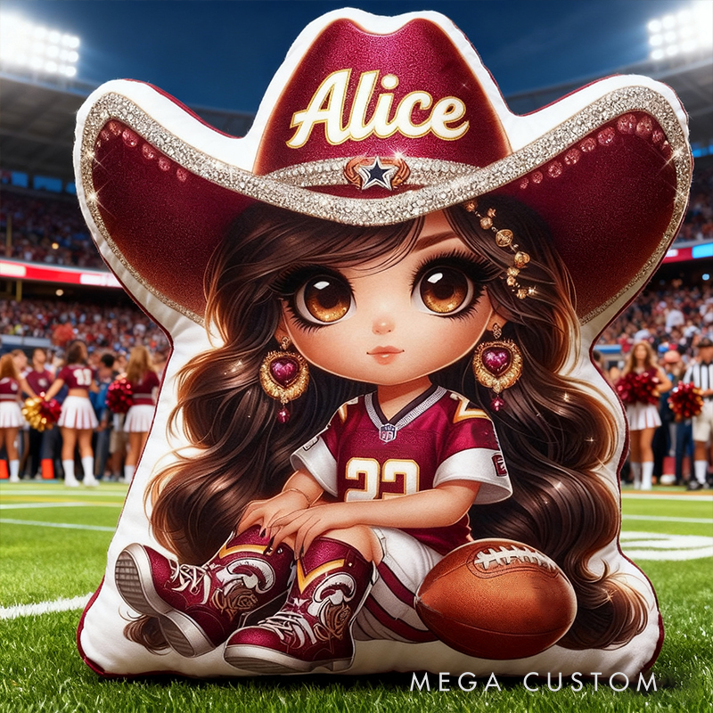 Personalized Cowgirl Football Plush Pillow Featuring Your Name