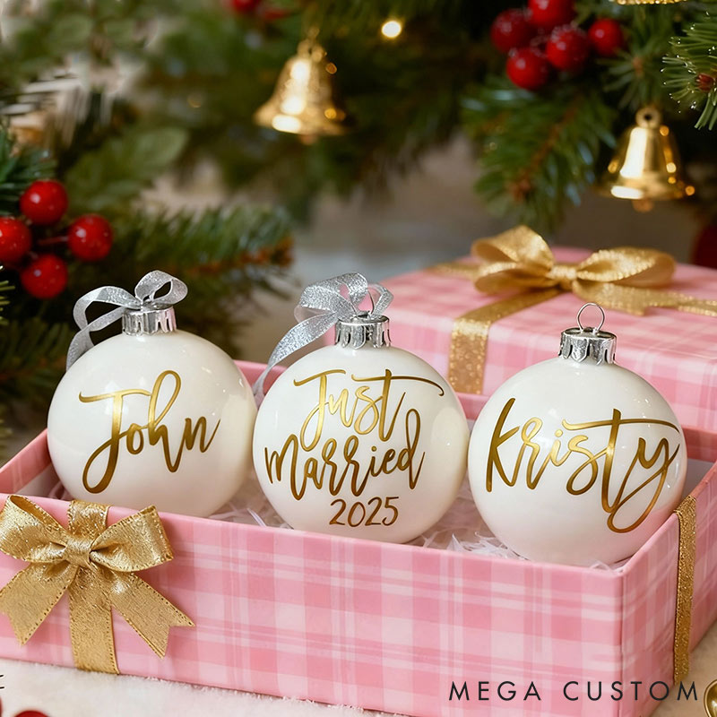Personalized Just Married Matching Christmas Ball Ornament Our First Christmas Ornament Set For Newlywed Couple Wedding Ornament Keepsake