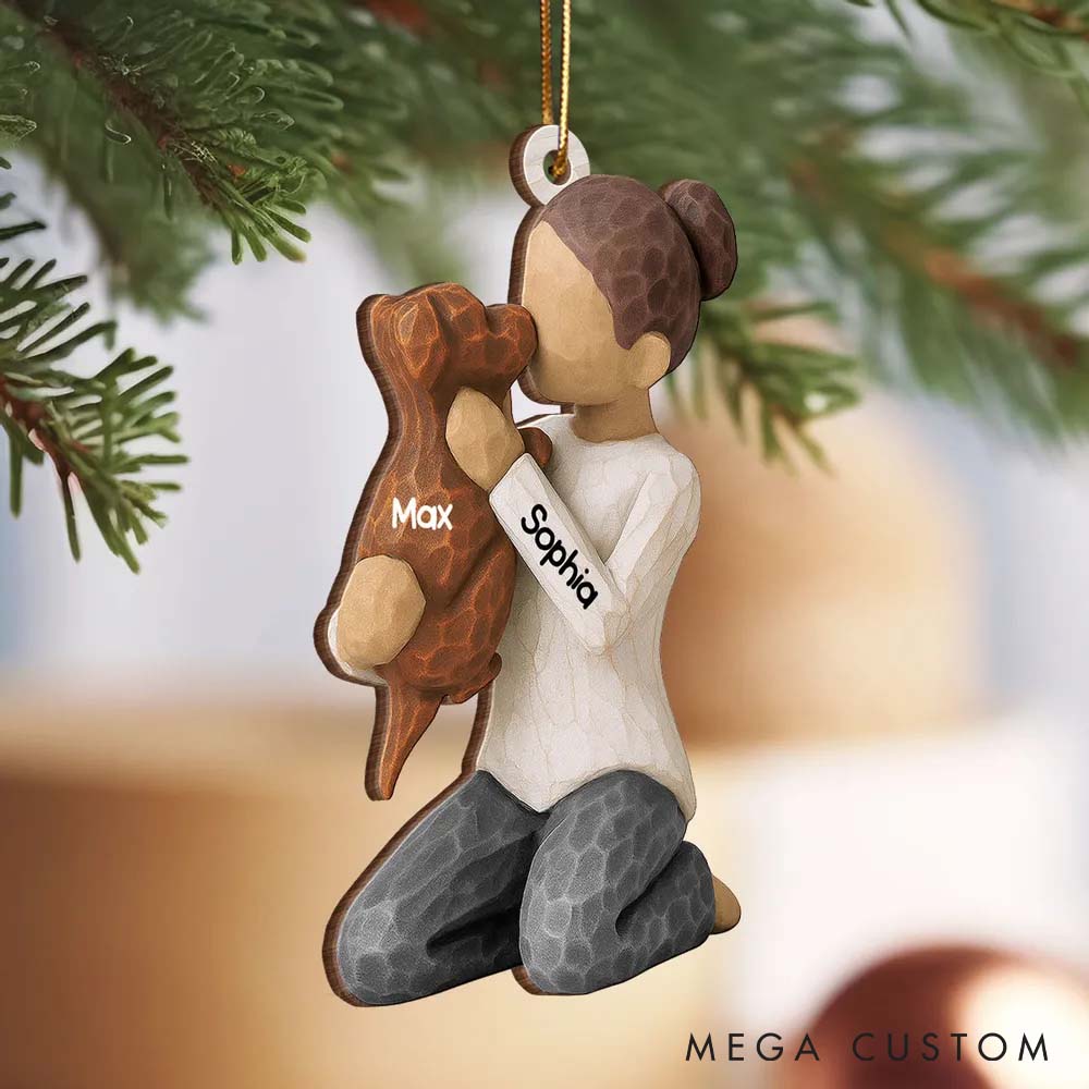 Personalized Dog Lover Boy Girl Hugging Dog Ornament