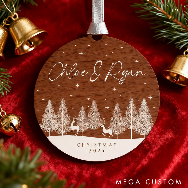 Personalized Woodland Scene Deer Couple Ornament 2D Flag Faux Wood Chrismas Decoration Keepsake Gift for Newlyweds Gift for Wife Husband