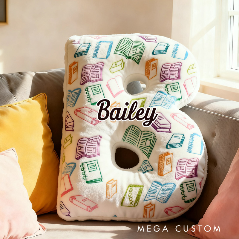 Personalized Colorful Book Alphabet Throw Pillow Bookworm Letter Pillow with Name Vintage Bookish Initial Kids Pillow Gift for Book Lover