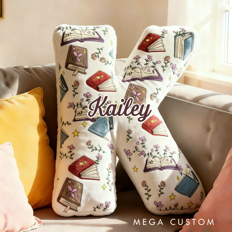 Personalized Floral Book Alphabet Throw Pillow Bookworm Letter Pillow with Name Bookish Initial Kids Pillow Gift for Book Lover