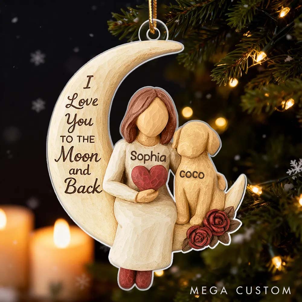 Personalized Dog Lover Woman and Dog Love to the Moon Ornament