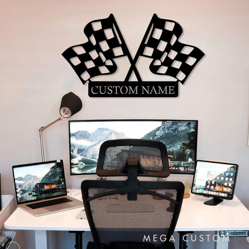 Personalized Checkered Flag Racing Metal Sign Custom Name Wall Art for Racers and Racing Lovers