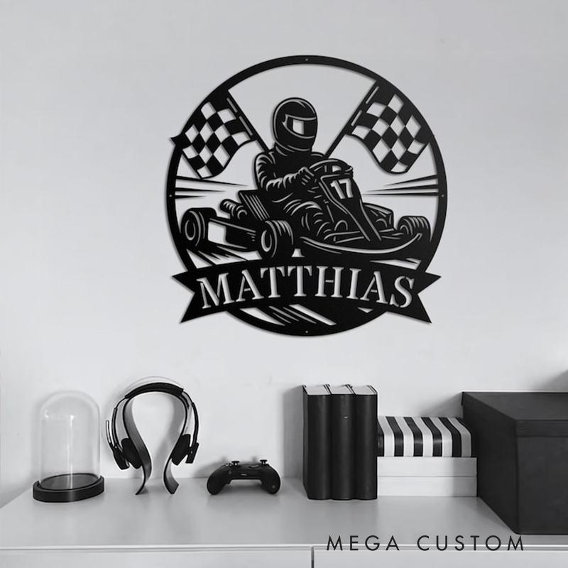 Personalized Go Kart Racing Metal Sign Custom Name Illuminated Wall Art Gift for Drivers and Racing Fans