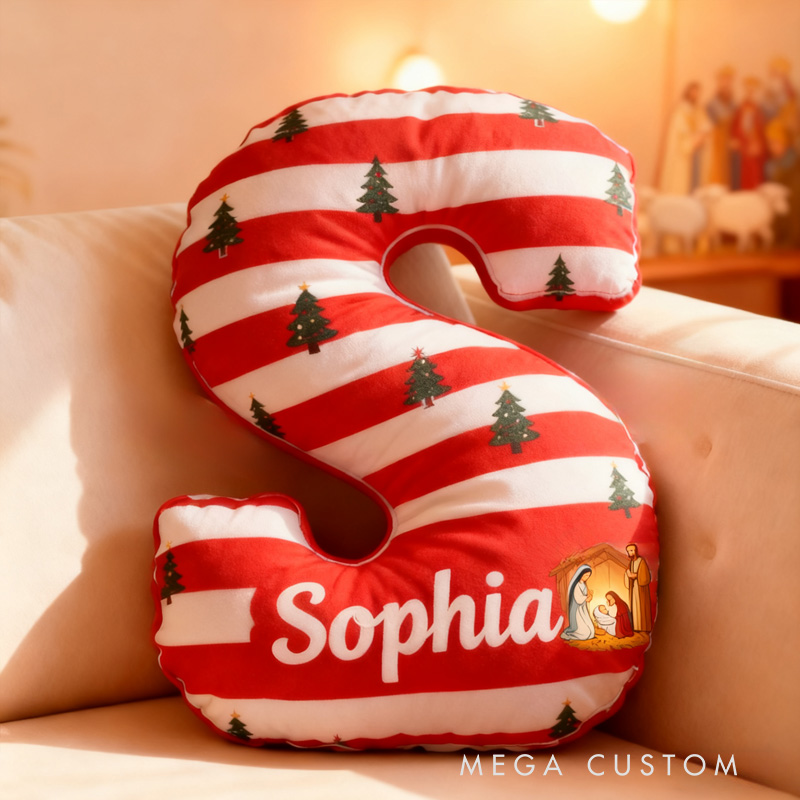 Personalized Nativity Scene Christmas Letter Pillow with Custom Name Kid Room Decor Religious Gift for Kid Christian Gift for Christmas Graphic 3D Print