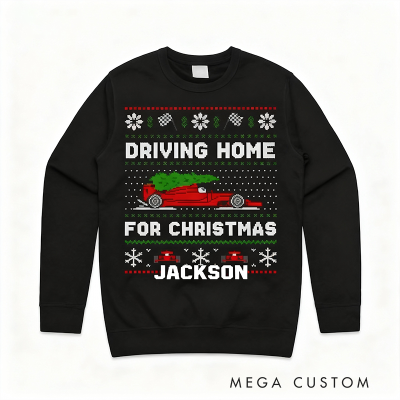 Personalized Racing Christmas Sweater Custom Name Holiday Jumper Gift for Car Lovers and Motorsports Fans