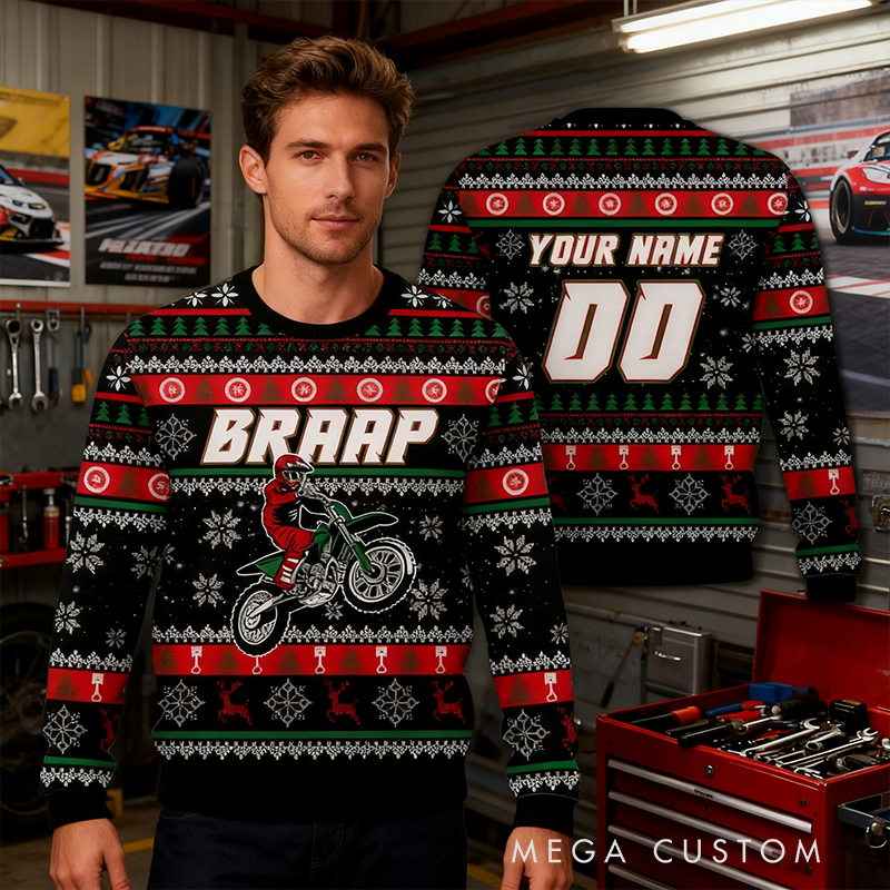 Personalized Dirt Bike Christmas Sweater Custom Name and Number Motocross Ugly Holiday Jumper Gift for Racing Lovers and Riders