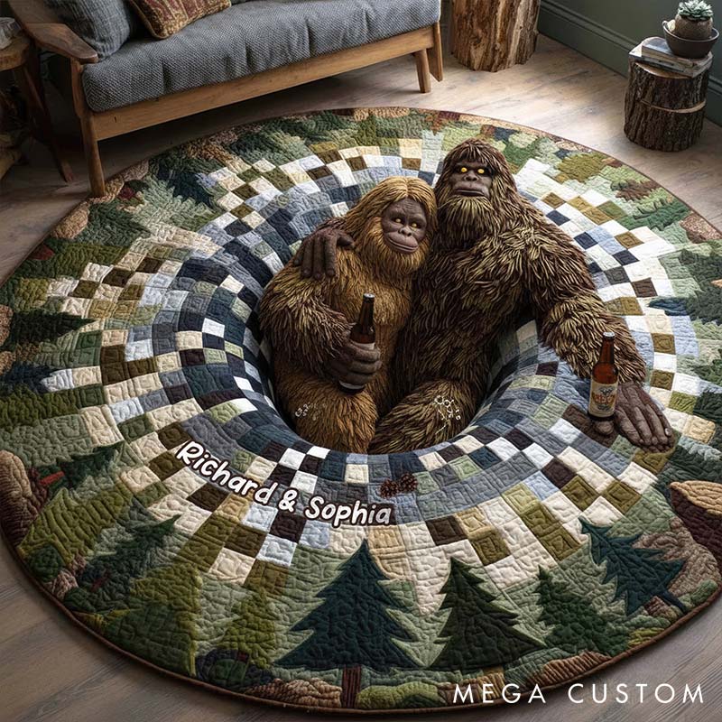 Personalized Cozy Forest Escape Round Mat Gifts for Couple Custom Bigfoot-Themed Rug Couple Holiday Home Decor Mat