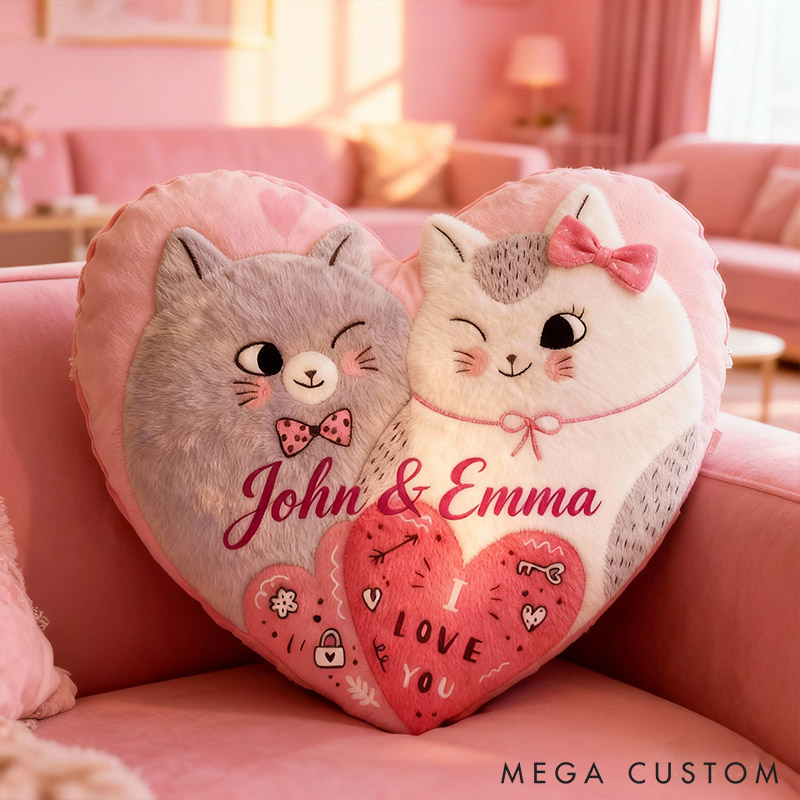 Personalized Couple Cats Heart Pillow with Name Custom Couple Valentine's Day Gift for Girl Christmas Gift for Girlfriend Wife