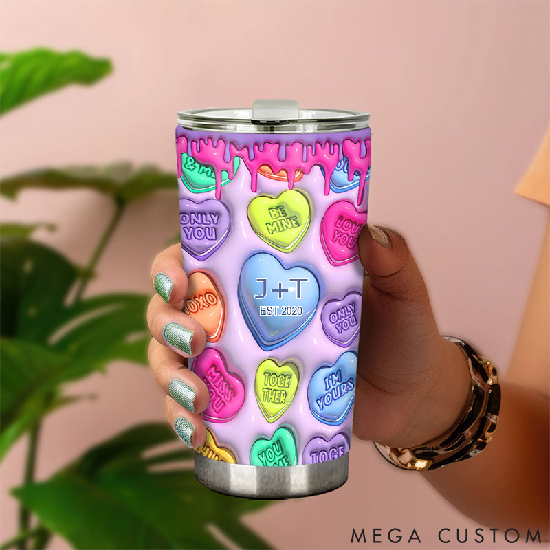 Personalized Couple Colorful Heart Tumbler 3D-Like Effect Tumbler for Boyfriend Couple Christmas Gift Water Bottle